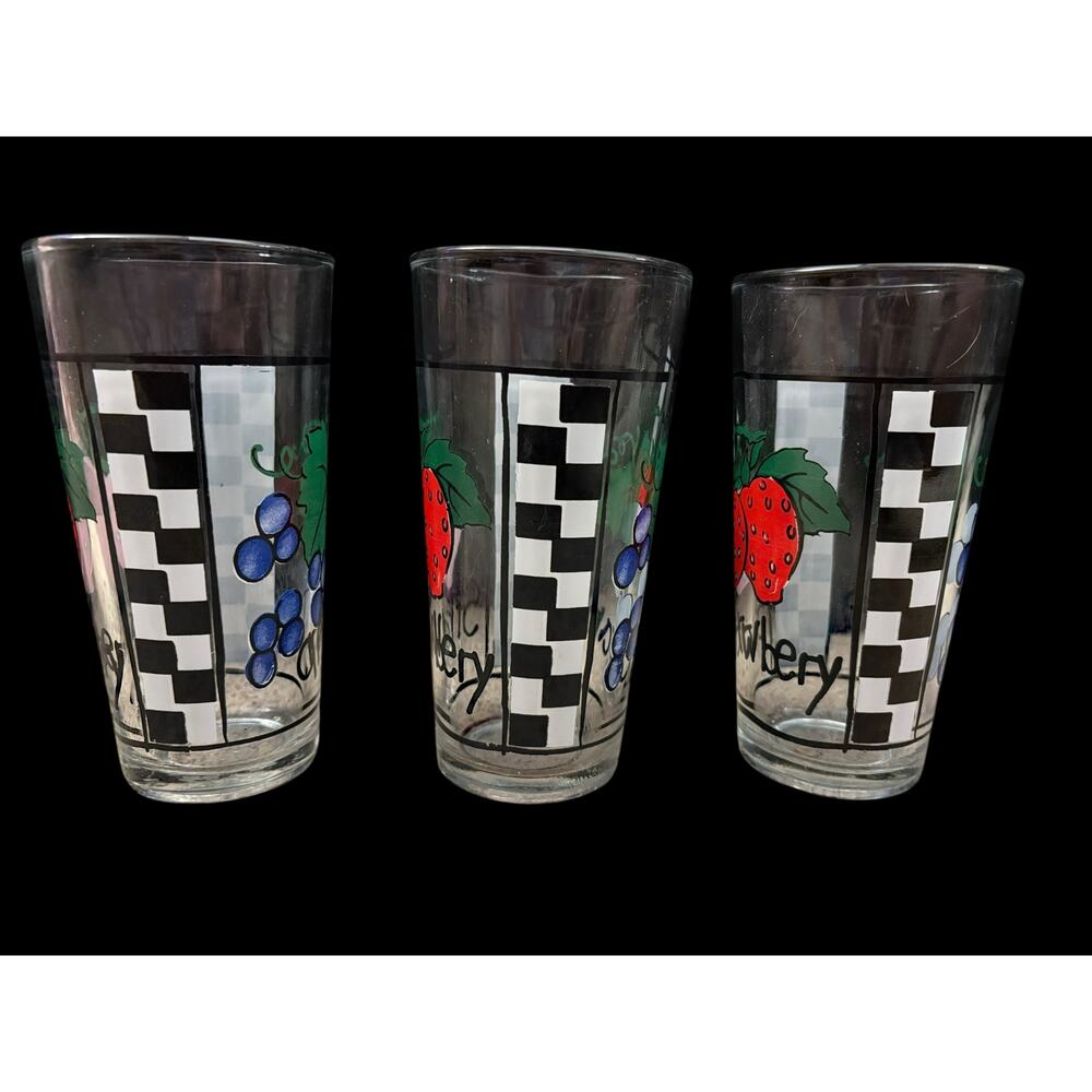 Vintage KIG 3 Glass Set cocktail Tumbler Strawberries & Checkerboard    Kitschy - Picture 3 of 7